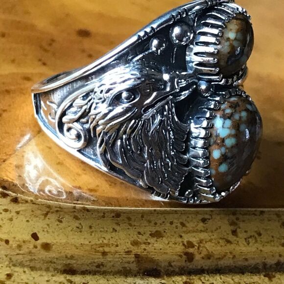 Genuine Turquoise Sterling Silver Eagle Ring Size 8 - Picture 9 of 10